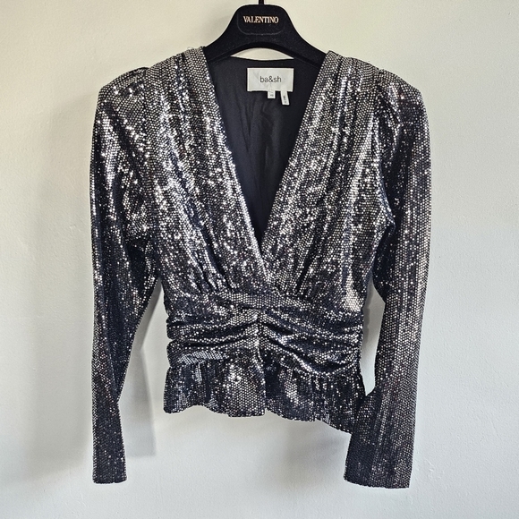 New BA&SH Mae Sequin Top Long Sleeve V Neck Peplum Party Sparkle Noir Black XS - Picture 11 of 17